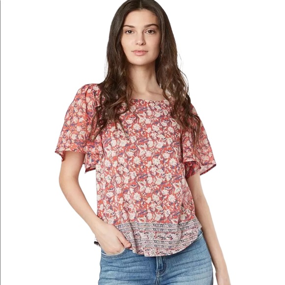 LUCKY BRAND || Floral Blouse with Back Cutout and Flutter Sleeves Large - Picture 1 of 16